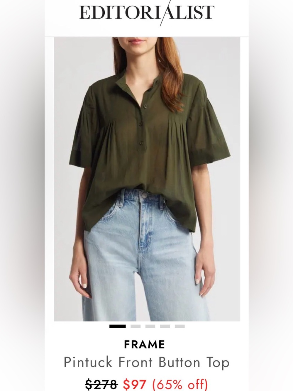 FRAME Dark Green Short-Sleeve Pintucked Button-Front Top - Picture 3 of 10